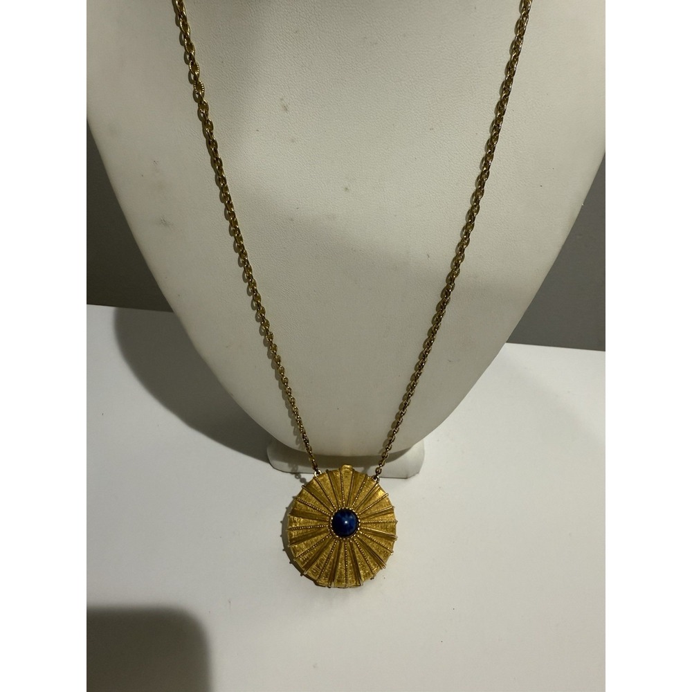 Estée Lauder 1973 Empty Perfume Dew Lapis Lazuli Pendant Gold Tone Necklace